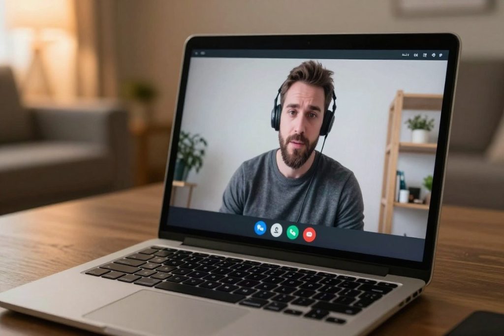 A laptop showing an active video conversation interface with a warm setting