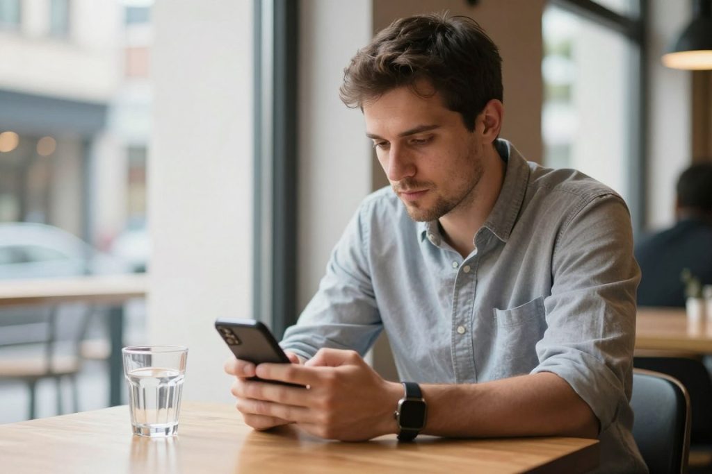A man typing a thoughtful message on a smartphone while sitting in a bright cafe