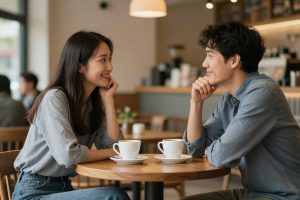 Two adults engaged in pleasant conversation across a cafe table
